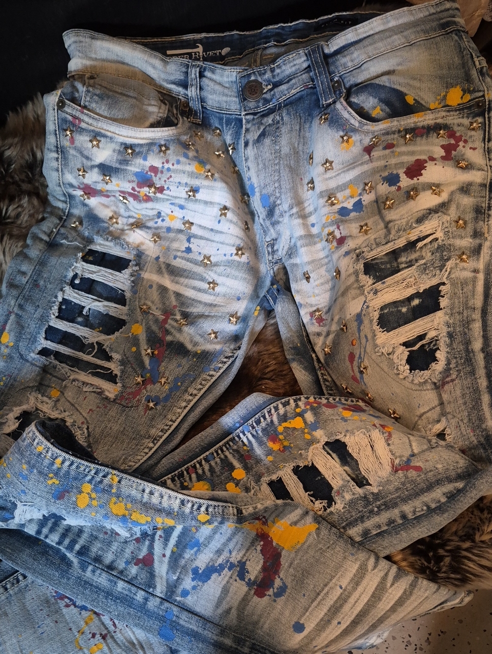 Distressed Paint-Splatter Studded Light Wash Jeans